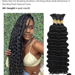 Human Braiding Hair for Boho Braids Human 110g 20 Inch Curly Boho Hair for Braiding Knotless 12A Deep Wave Bulk Bohemian 3 Bundles/Pack Natural Color