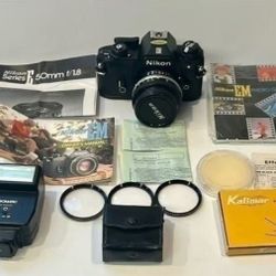 Nikon EM 35MM Film Camera w/ 50MM 1:1.8 Series E Lens & Accessories