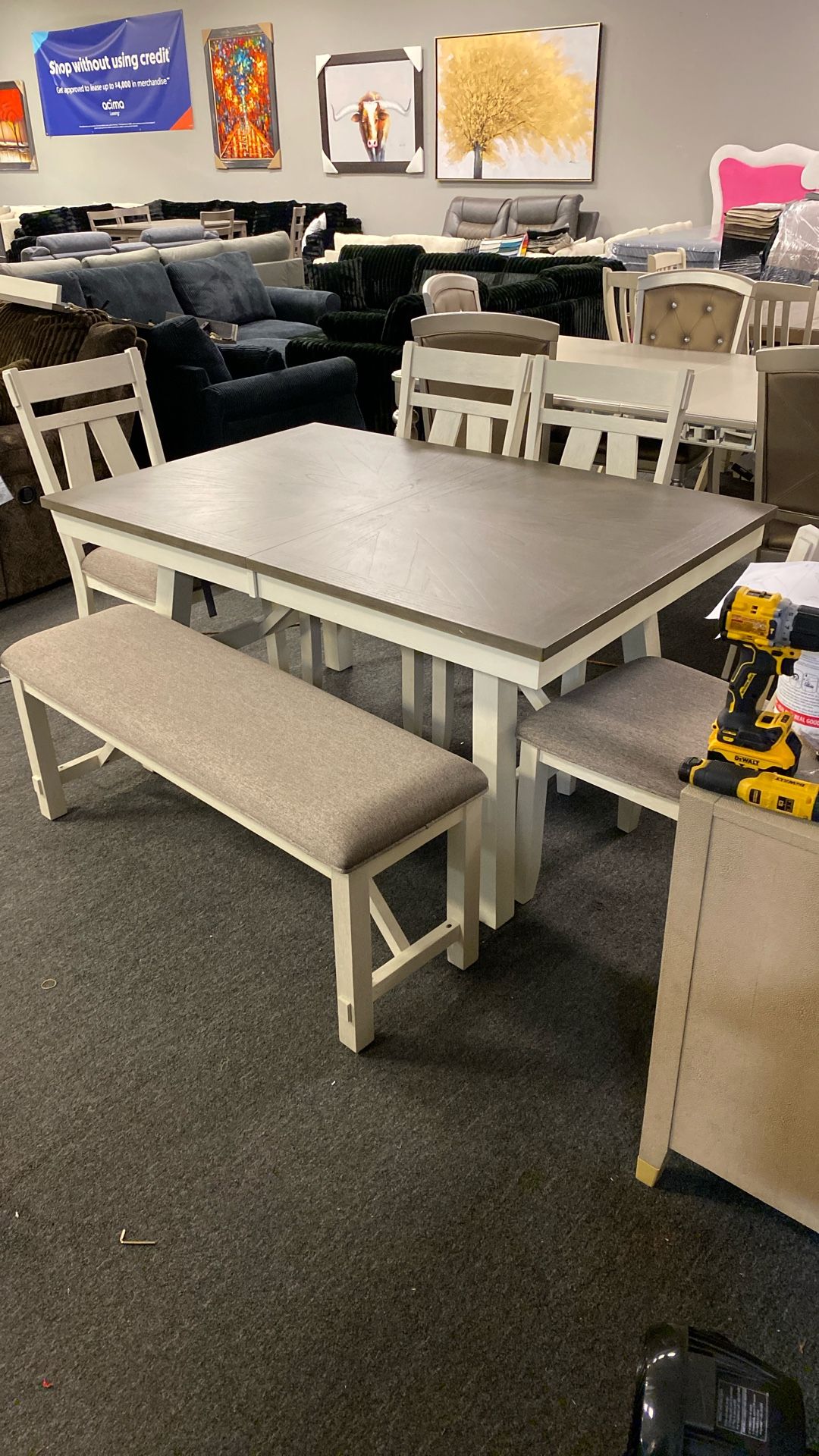 New Farmhouse Table With Leaf 6 Pc 60-78 Long Bench 4 Chairs $699