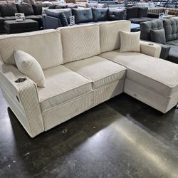 Brand New Sectional Pull Out Bed W/ Cup Holder Corduroy Fabric Beige Or Grey $449