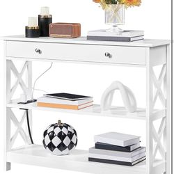 Entryway Table with Drawer, Wood Console Table with Outlets and USB Ports, Sofa Table Narrow Long with Storage Shelves for Living Room, Hallway, Foyer