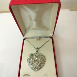 925 Sterling Silver Filigree Heart Necklace with Sparkling Cubic Zirconia, Boxed