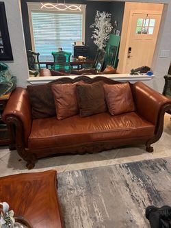 Carved Wood Frame Leather Sofa