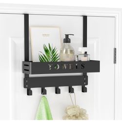 New In Box Over The Door Rack, Towel Hooks for Bathroom, Bath Holder Door Mount Metal Towel Hanger with Tray and 5 Hooks for Bedroom Kitchen(Black)
