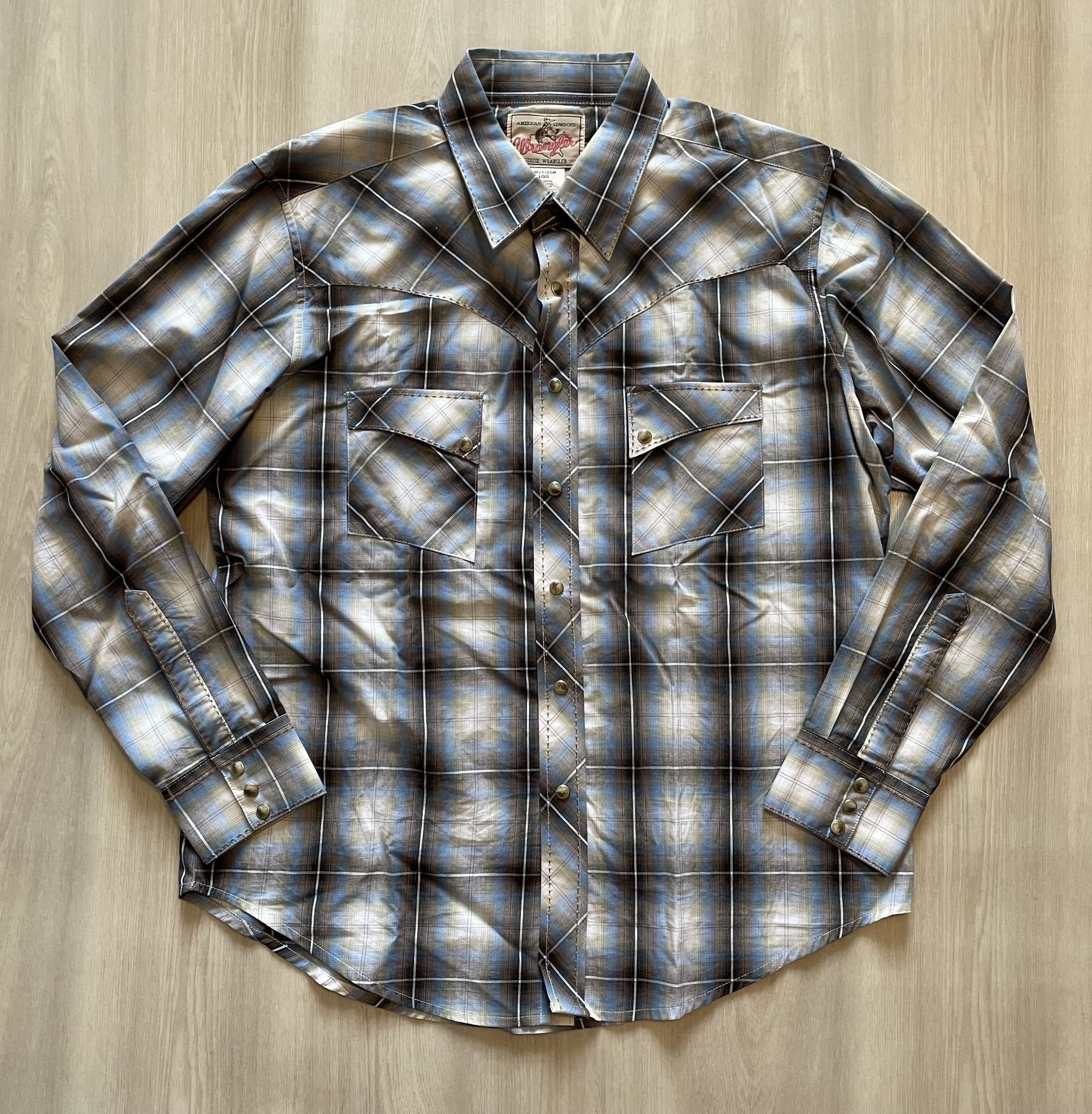 Vintage Wrangler Blue Plaid Pearl Snap Western Cowboy Rodeo Mens Large