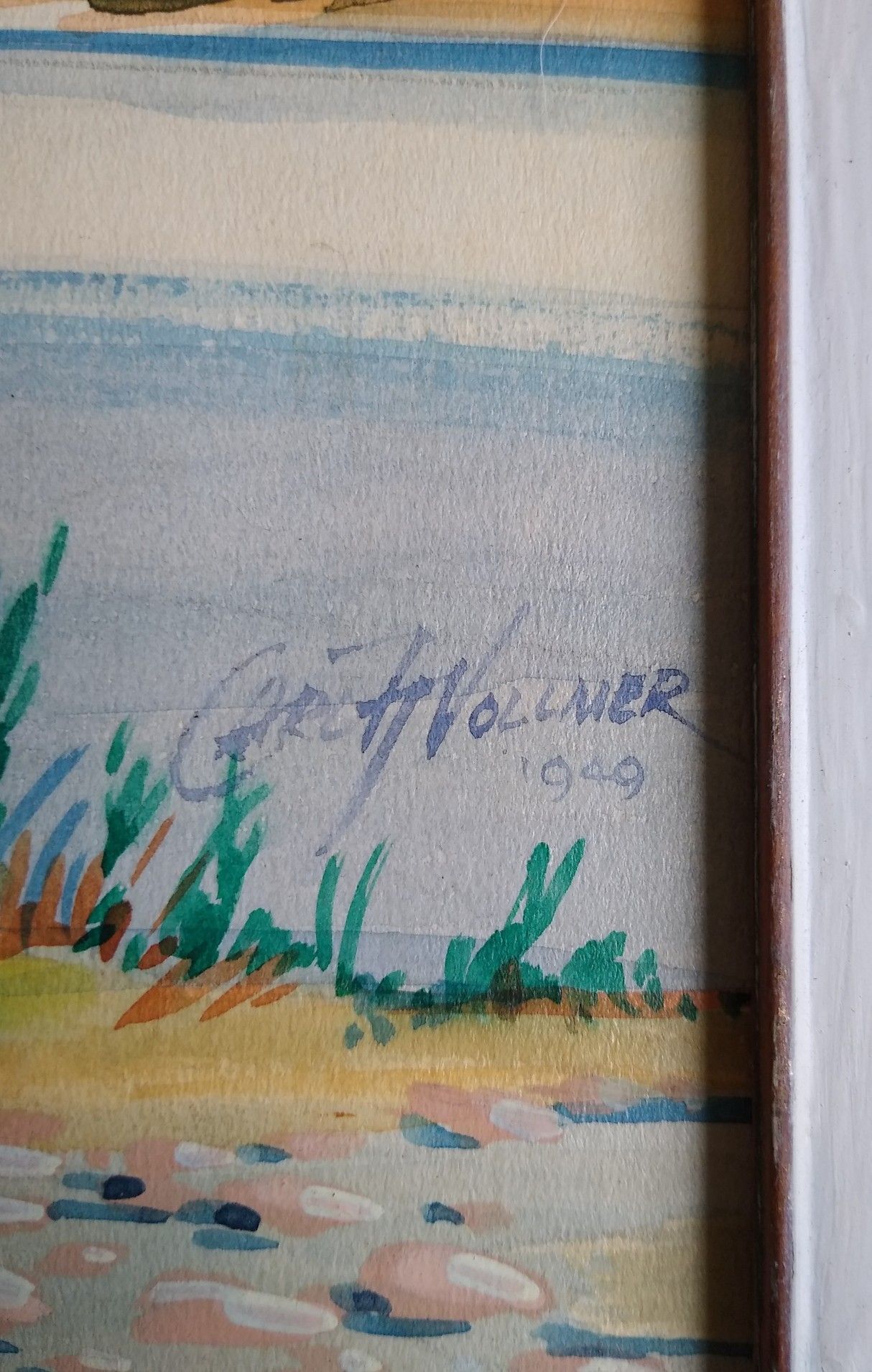 A vintage Mid-century Mod mixed media Mountain landscape Painting by y Carl H. Vollmer dated 1949