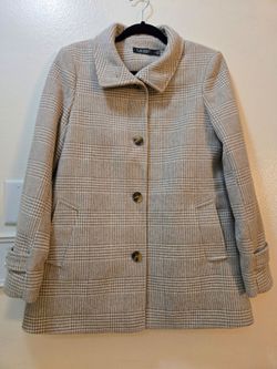 Lauren Ralph Lauren Plaid Wool Pea Coat Jacket Beige Mid-Length Size 6 without Hoodie