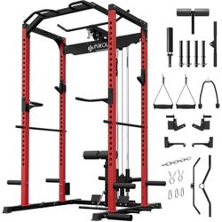 Mikolo Power Cage with Dual-Track Smooth Pulley System, All-in-One Power Rack for Home Gym Training(Red)