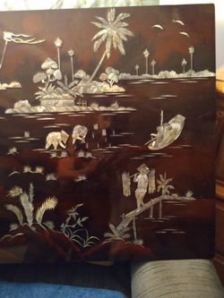 LACQUERED WOOD WITH MOTHER OF PEARL INLAY VILLAGE SCENE