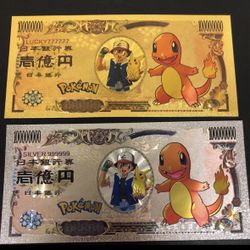 24k Gold and Silver Foil Plated Charmander (Pokémon) Banknote Set