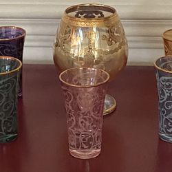 Italian Brandy Glass And 5 Shot Glasses , Gold Trimmed 