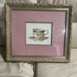 Framed teacup picture with decorative frame and pink matting