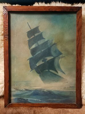 Photo Beautiful vintage oil painting of ship at sea an oak frame. 19.5 in wide and 25.5 in tall. $39