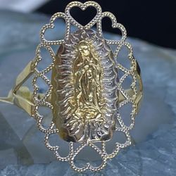 $350 Two Tone Yellow And White Gold Virgin Mary Hearts Religious Ring 