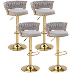 Velvet Bar Stools Set of 4, Modern Swivel Adjustable Counter Height Kitchen Bar Chairs with Woven Back for Dining Room Pub Island, Light Gray