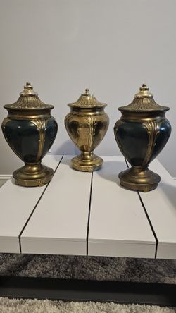 Stunning Set of Hollywood Regency/ Neo Classical Brass n Green Enamel Vase/ Urns. Heavy pieces.