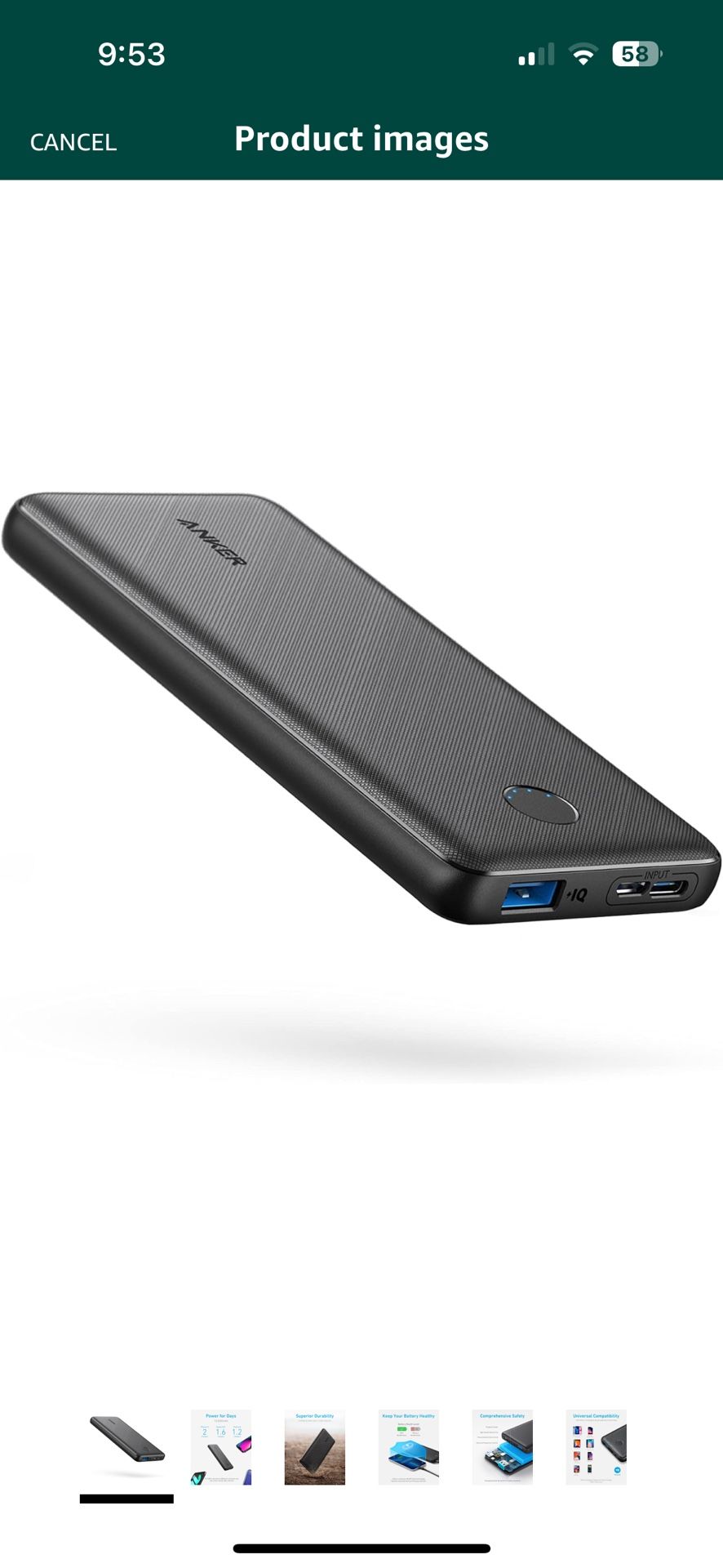 Anker Portable Charger, Power Bank, 10,000 mAh Battery Pack with PowerIQ Charging Technology and USB-C (Input Only) for iPhone 15/15 Plus/15 Pro/15 Pr