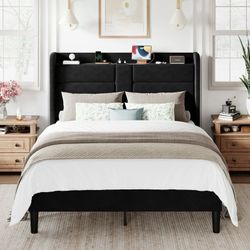 Queen Size Upholstered Platform Bed Frame with Velvet Wingback Headboard & USB Charging Ports, No Box Spring Needed, Grey