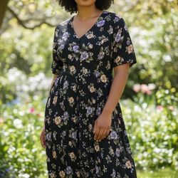 Bentley Plus Size 20W Floral Tunic Dress Black Button Front Rayon