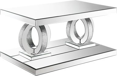 Rectangular Mirrored Coffee Table with Acrylic Crystals, Dual Interlocking Rings, and Beveled Edges
