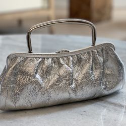 Vintage Silver Metallic Satchel w/Foldable Handle for Clutch Option