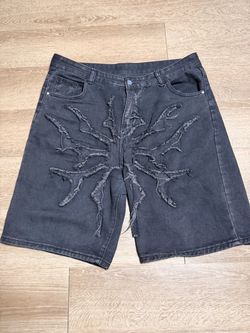 Black Denim Shorts with Spider Graphic