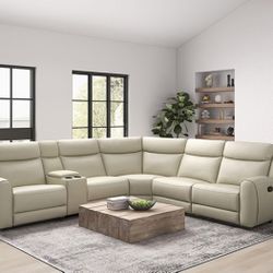 Brand New Beige Top Grain Leather Reclining Power Sectional Sofa