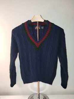 Vintage New Era Youth Acrylic Navy Blue Pullover V Neck Knit Sweater Size 12-14