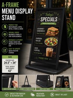 Restaurant Menu Display Stand / A-Frame Sign Holder – 24.5” x 34”