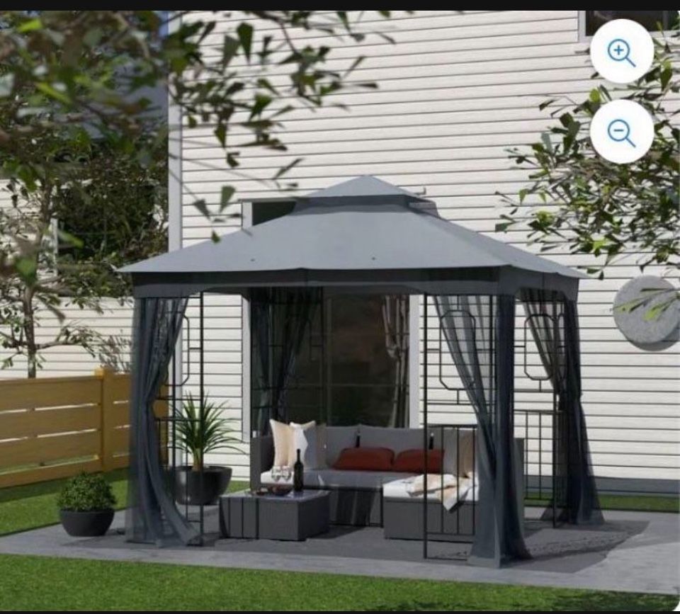 10x10 Patio Double Roof Vent Metal Gazebo Canopy w/Mosquito Netting in Dark Gray