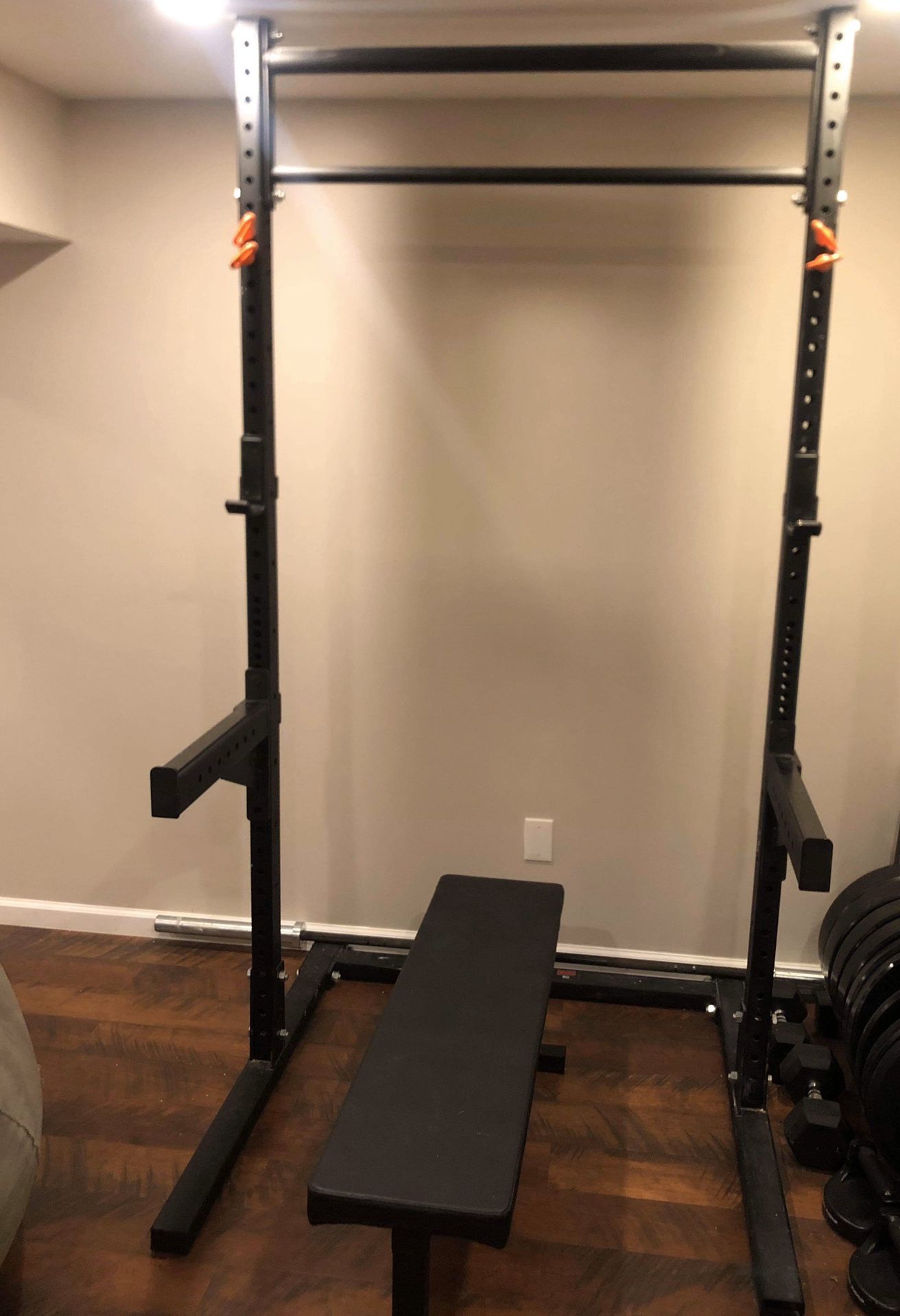 Rogue S squat stand 2.0 comes with Rogue safety spotter arm and Rogue flat utility bench. Barely used
