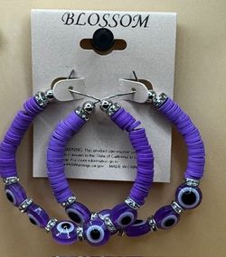 New Blossom Glass Evil Eye Protection Earrings Pair Beautiful -Purple