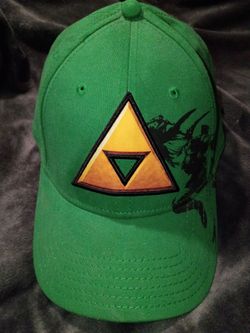 The Legend of Zelda Green Hat Embroidered Triforce Emblem on the Front and a Silhouette Graphic of Link on the Side.
