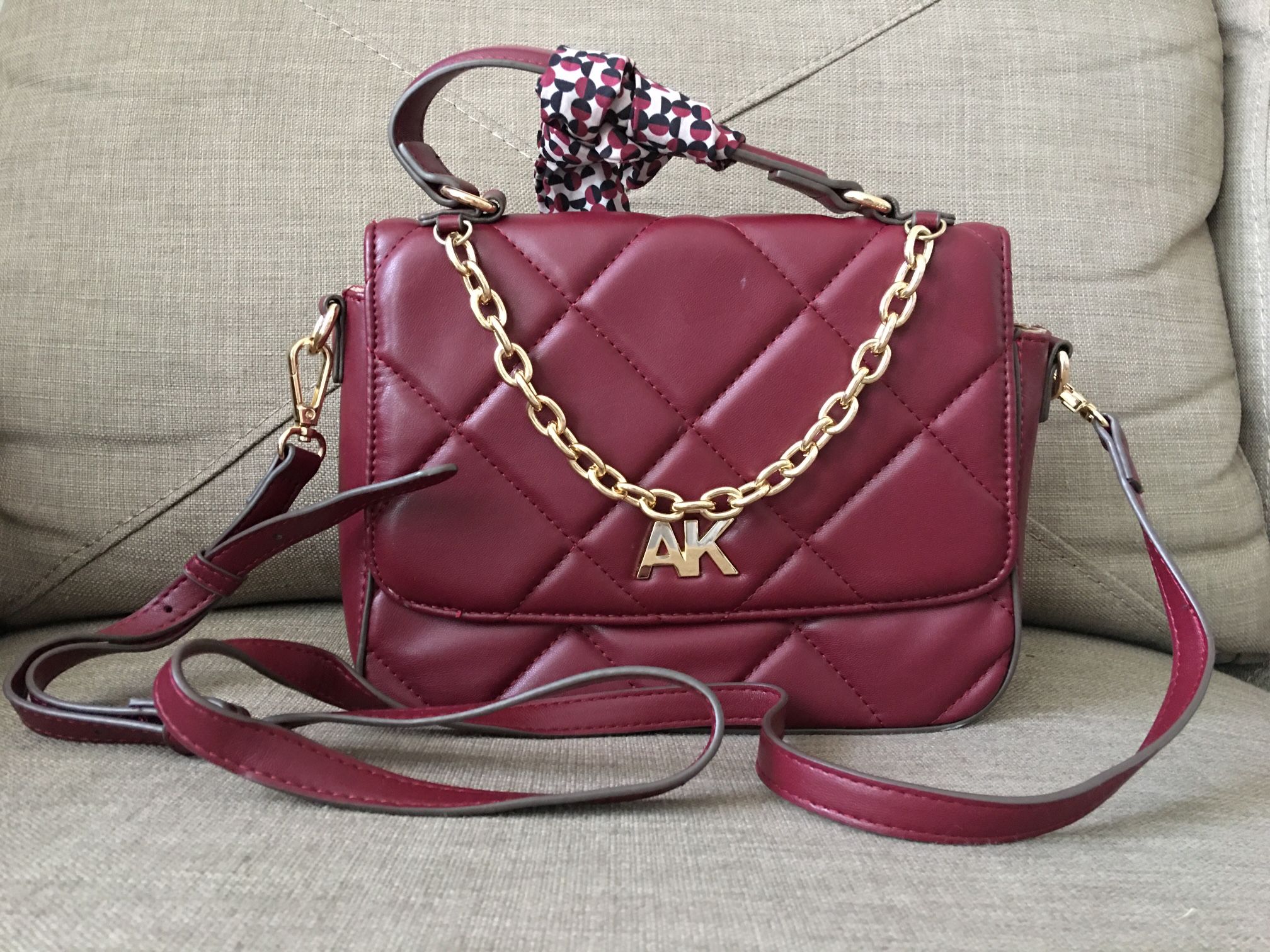 Burgundy Crossbody Bag With Mini Scarf And Gold Chain