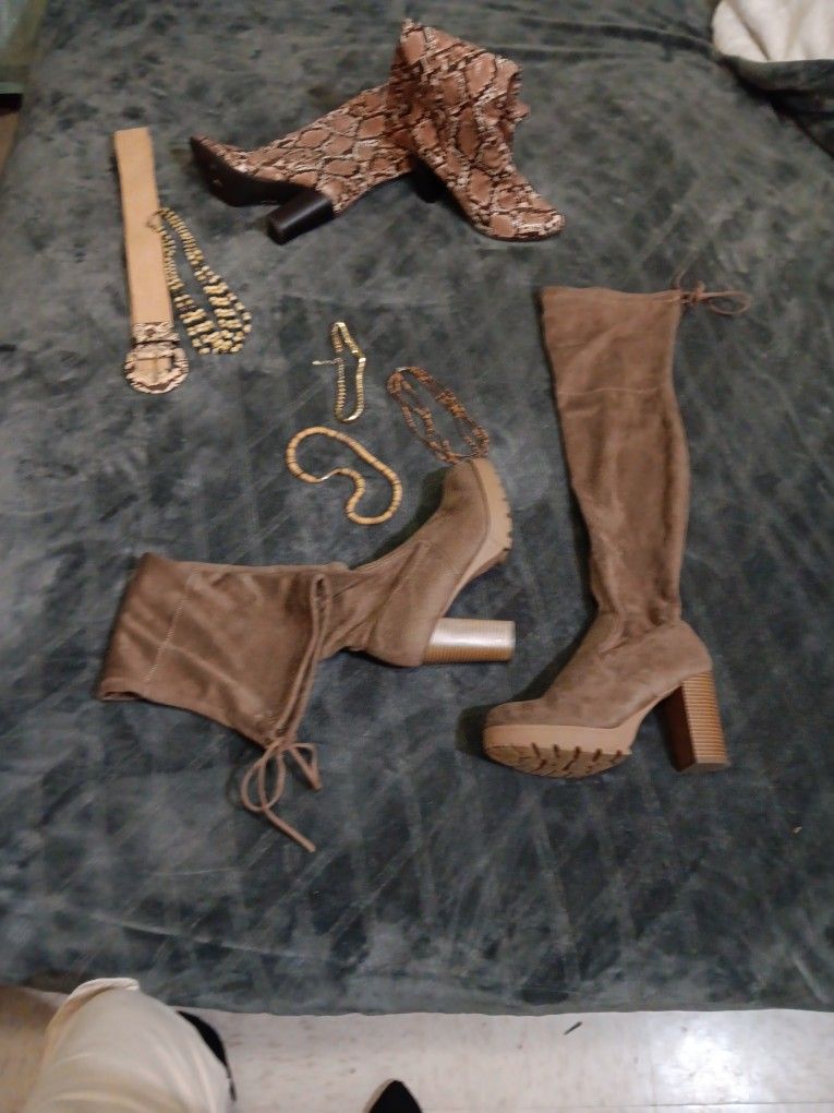 Thigh High Suede Boots Size 9 & Necklaces