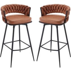 BV Bar Height Bar Stools Set of 2, 30 inch Seat Height Bar Stools, 180° Swivel Barstools with Woven Back and Footrest, Suede Fabric Counter Stools for