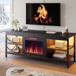 55 in. TV Stand with Electric Fireplace LED Gaming Entertainment Center with Open Shelves for 65 in. TVs, Black