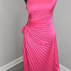 Hot pink pleated maxi dress with black bow detail