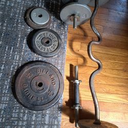 gym quality steel weights and curl bar w/dumbells