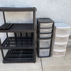 Heavy Duty Plastic 5 Tiered Shelving Unit.    5 Drawer Plastic Unit With Wheels.  4 Drawer Plastic Unit.  All In Great Condition 