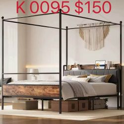 Canopy Bed Frame King Size with Storage & Charging Headboard,Bed Frame(0095)