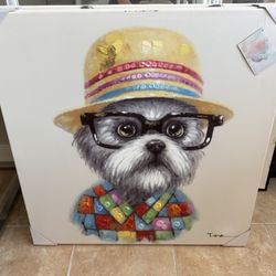 Hand-Embellished Dog Art Canvas – “Hipster Pup” – 28”  - 3 Options 