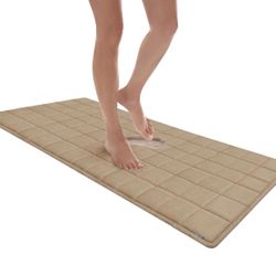 Luxurious Square-Embroidered Memory Foam Bathroom Rug, Bath Rug with Skid-Resistant Base, Absorbent Kitchen, Room & Bathroom Rugs, 24 x 56 inches, Lin