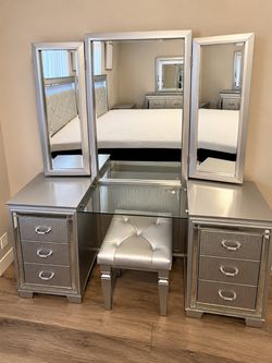 Silver Vanity Table Set with Mirror and Stool