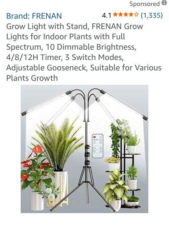 Grow Light with Stand, FRENAN Grow Lights for Indoor Plants with Full Spectrum, 10 Dimmable Brightness, 4/8/12H Timer, 3 Switch Modes, Adjustable Goos