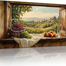 crmotu Faux Window Kitchen Wall Art, Fruit Harvest Large Wall Decor, Italian Vineyard Landscape Vintage Prints, Grape Fields Rustic Charm Pictures for