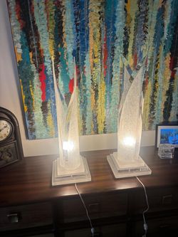 1960’s Mid- Century . Pair of vintage Hollywood Regency crackled Lucite freeform sculpture table lamps. 31” high , 10” square base . $500 for both
