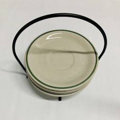 Elegant Cream and Green Plate Set with Holder