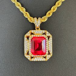 10k solid Yellow gold emerald cut 8CT Ruby CZ stone pendant charm