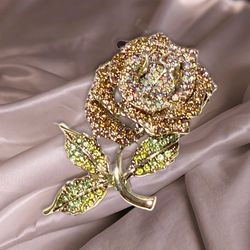 Vintage 2000s Multicolor Rhinestone Rose Brooch With Green Leaves, 1.5x2.25”